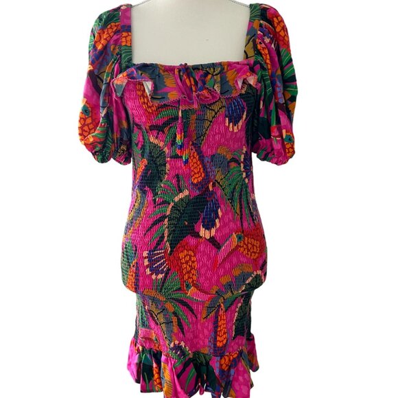 FARM RIO Smocked Tropical Toucan Dress Size Medium - Picture 2 of 4